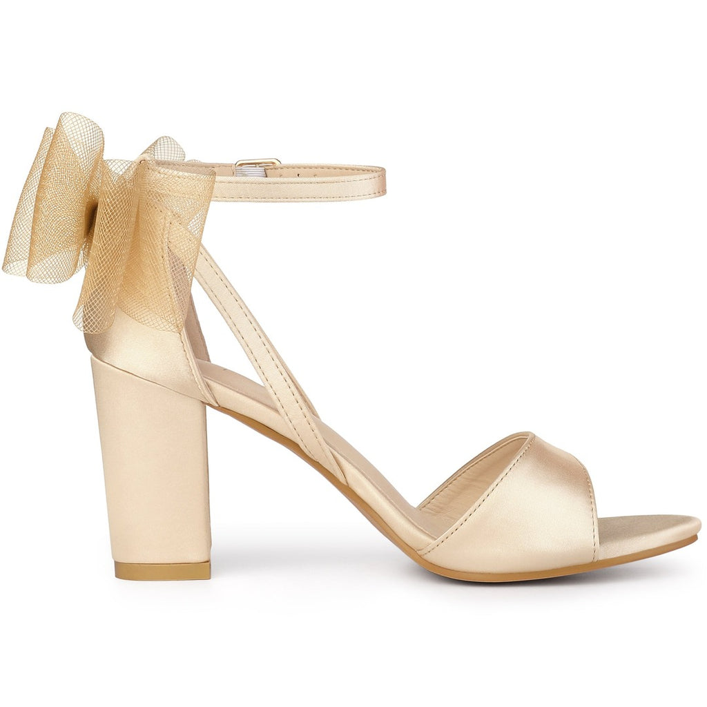 Women's Block Heel Sandals with Open Toe Ankle Strap and Oversized Open-Weave Bow Detail
