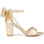 Women's Block Heel Sandals with Open Toe Ankle Strap and Oversized Open-Weave Bow Detail