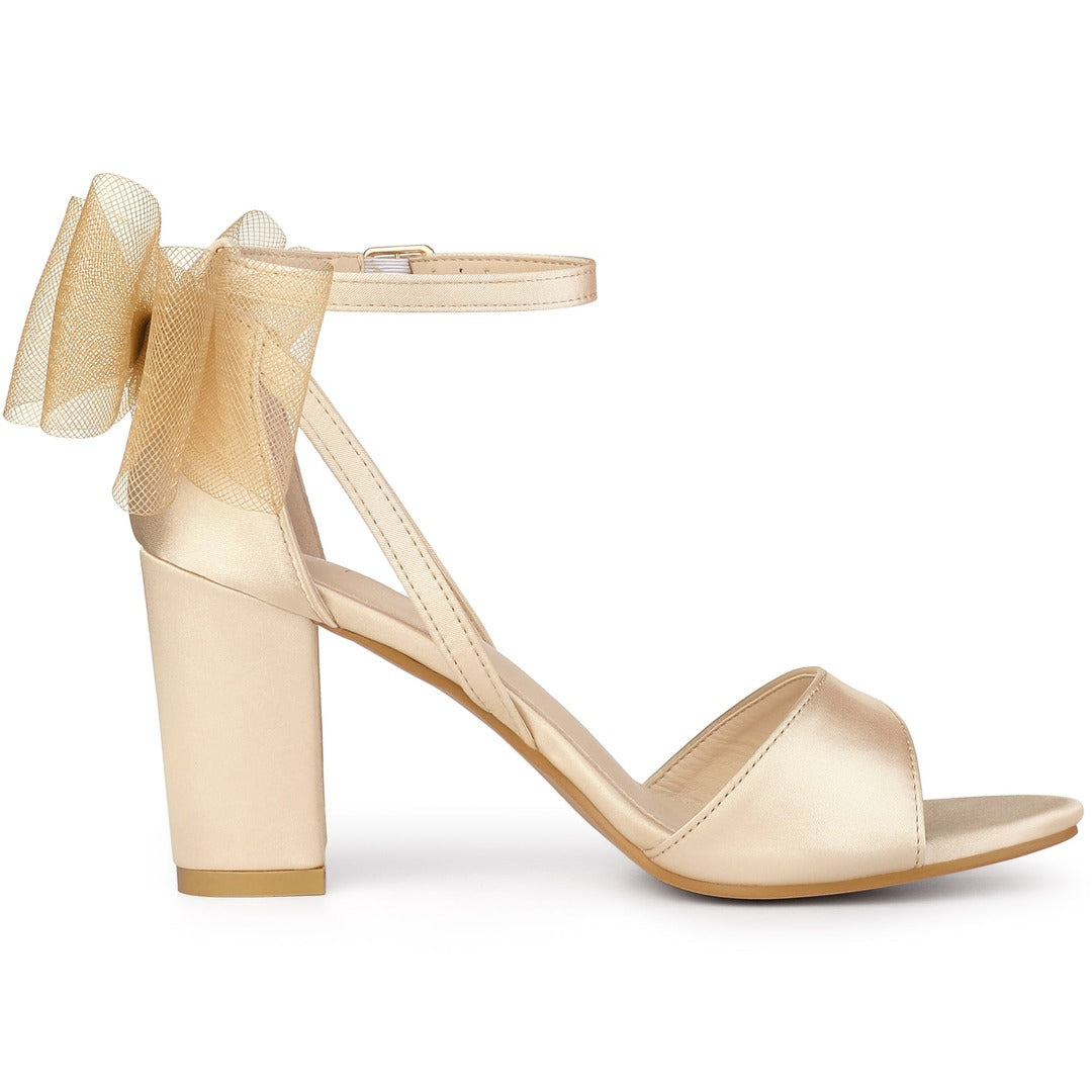 Women's Block Heel Sandals with Open Toe Ankle Strap and Oversized Open-Weave Bow Detail