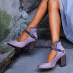 Women's Block Heel Shoes with Contrast Ankle Strap and Buckle Closure