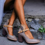 Women's Block Heel Shoes with Contrast Ankle Strap and Buckle Closure