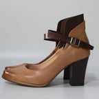 Women's Block Heel Shoes with Contrast Ankle Strap and Buckle Closure