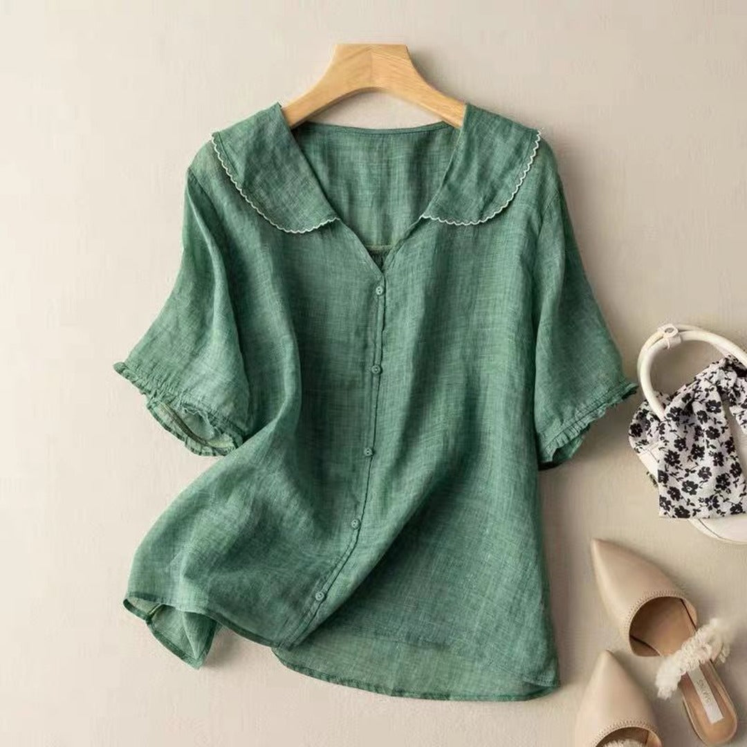 Women's Blouse with Scalloped Collar and Button Front