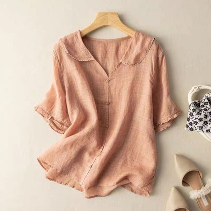 Women's Blouse with Scalloped Collar and Button Front