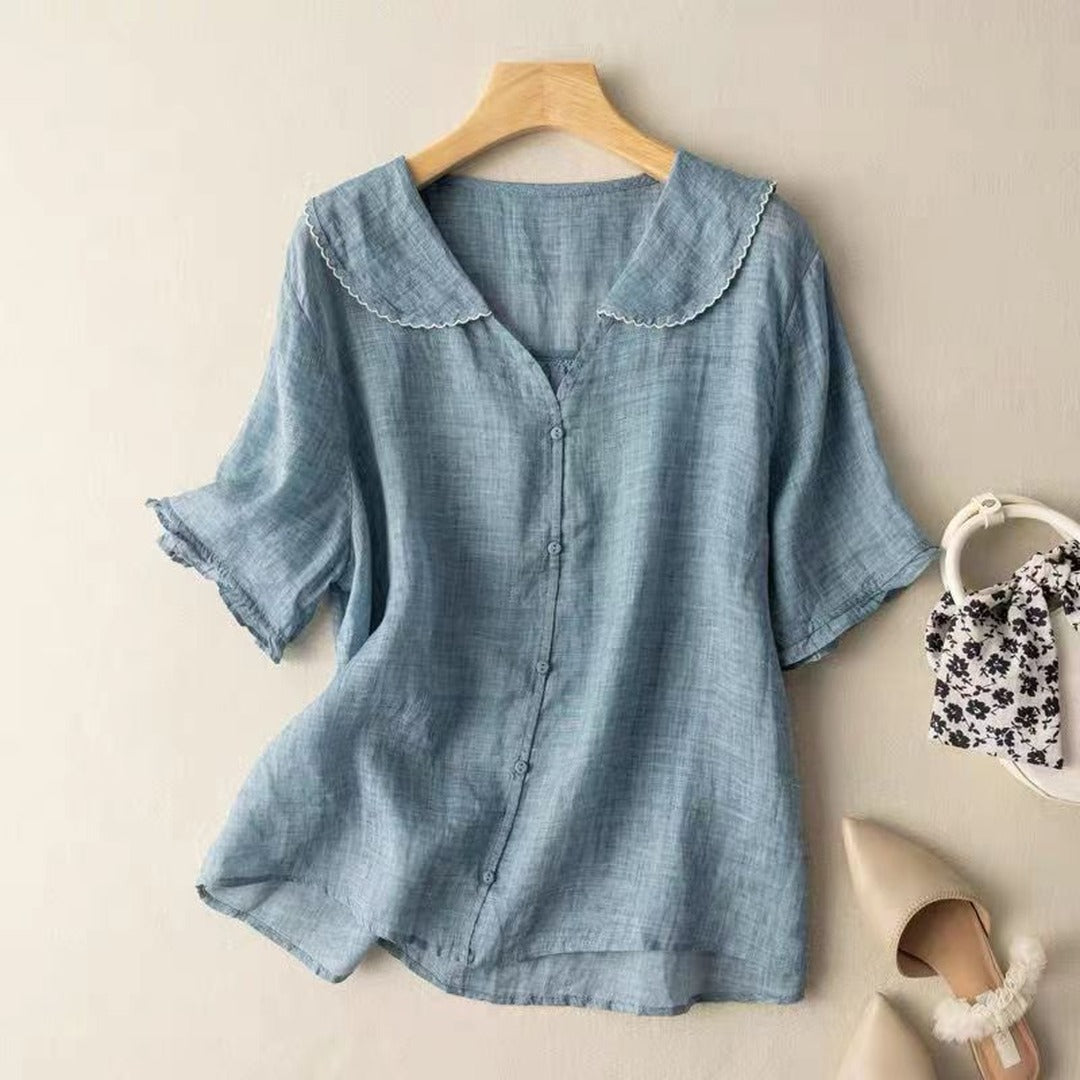 Women's Blouse with Scalloped Collar and Button Front