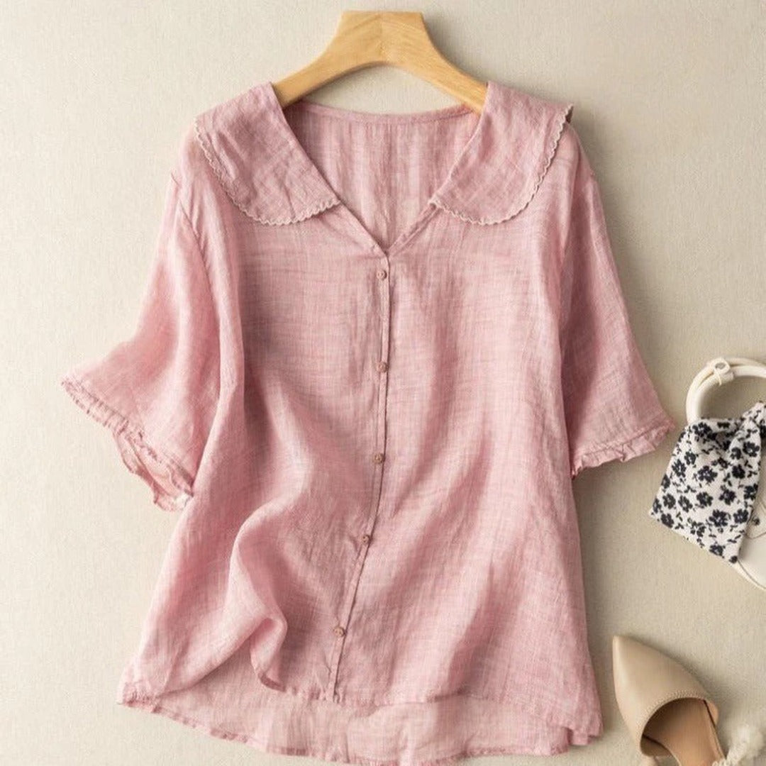 Women's Blouse with Scalloped Collar and Button Front
