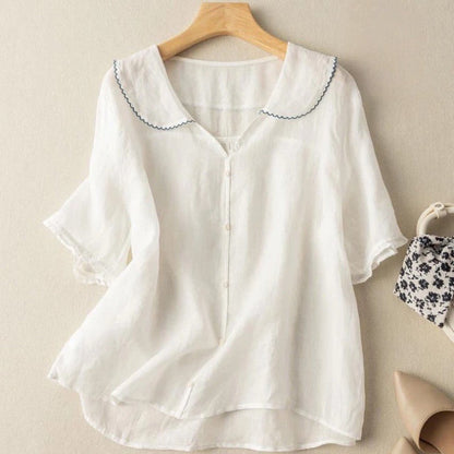 Women's Blouse with Scalloped Collar and Button Front