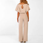 Women's Boat Neck Jumpsuit with Flutter Sleeves and Self-Tie Belt