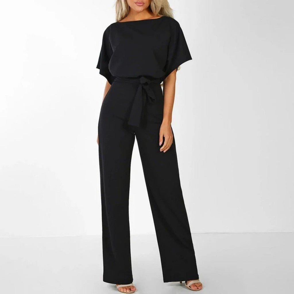 Women's Boat Neck Jumpsuit with Flutter Sleeves and Self-Tie Belt