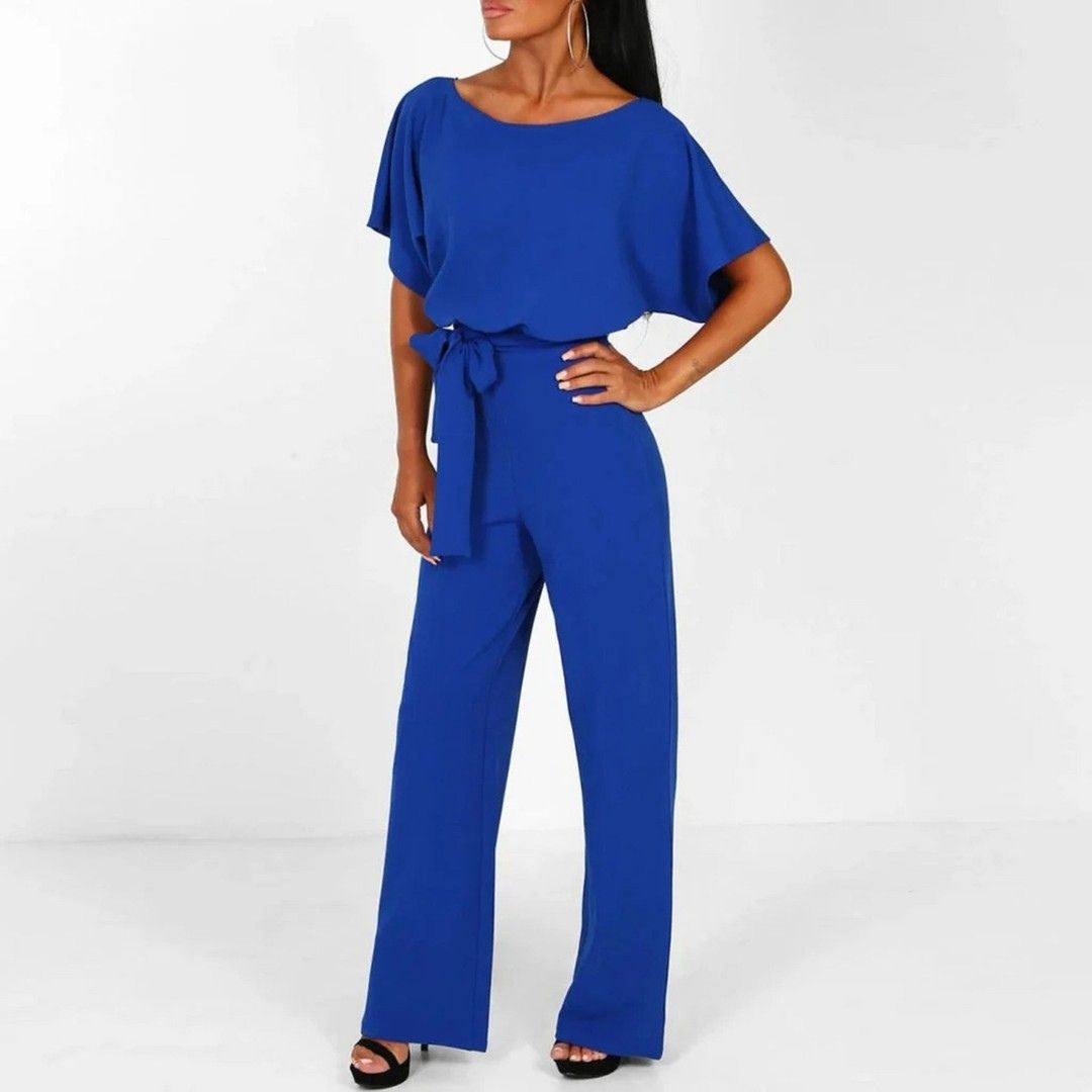 Women's Boat Neck Jumpsuit with Flutter Sleeves and Self-Tie Belt