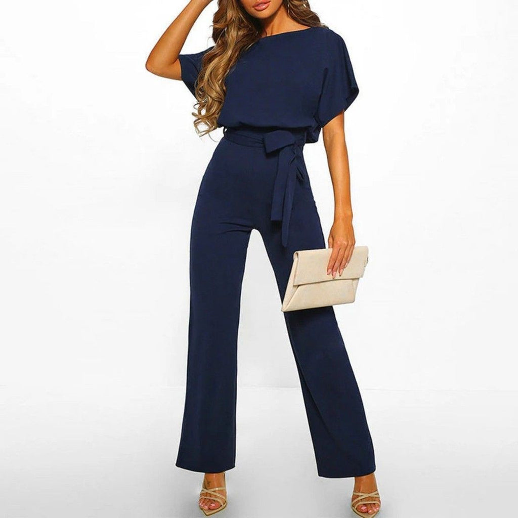 Women's Boat Neck Jumpsuit with Flutter Sleeves and Self-Tie Belt