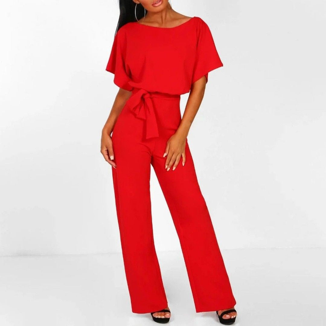 Women's Boat Neck Jumpsuit with Flutter Sleeves and Self-Tie Belt