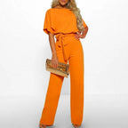 Women's Boat Neck Jumpsuit with Flutter Sleeves and Self-Tie Belt