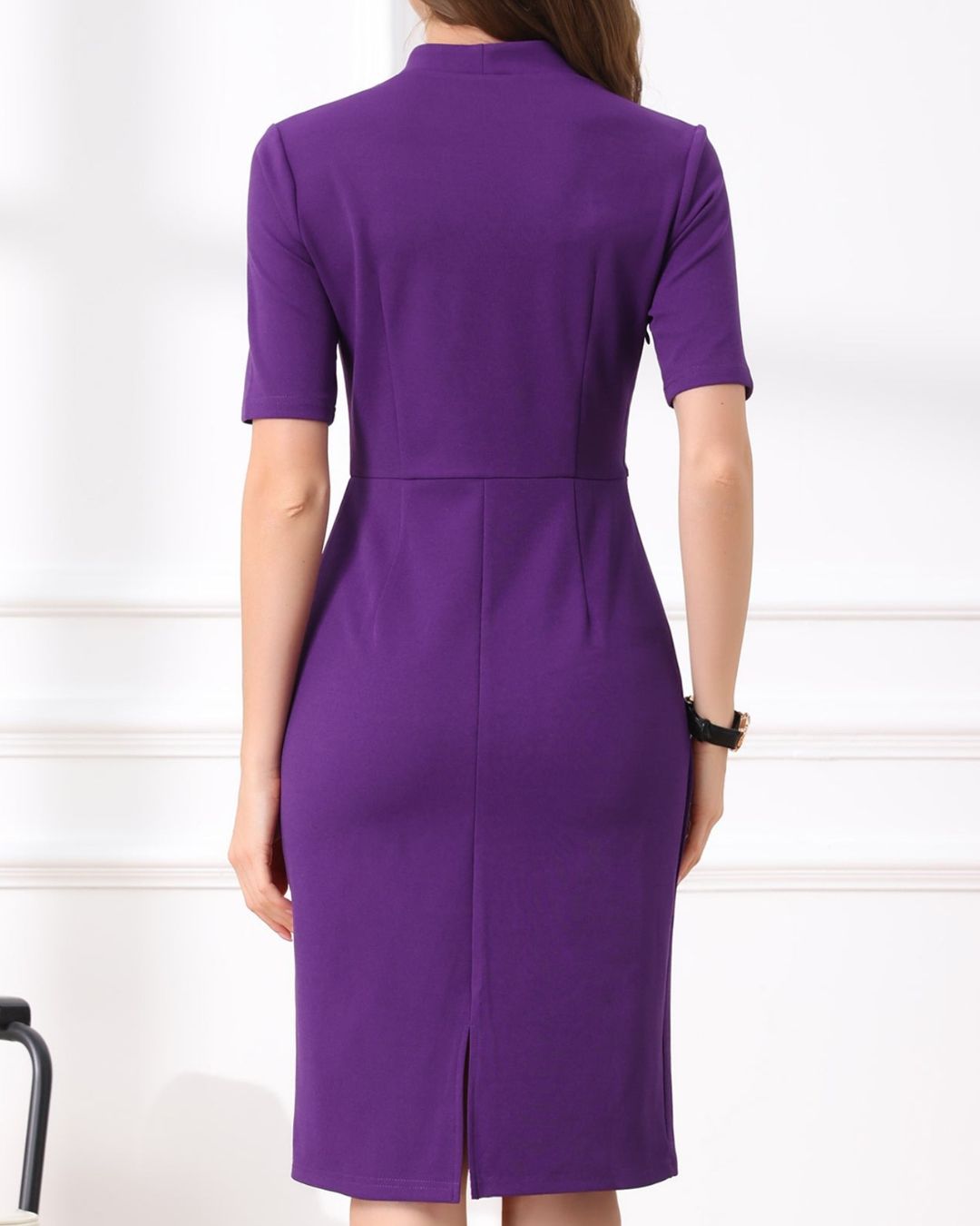 Women's Bodycon Dress with Square Neckline and Deep V-Panel Front and Short Sleeves and Below-Knee Hemline
