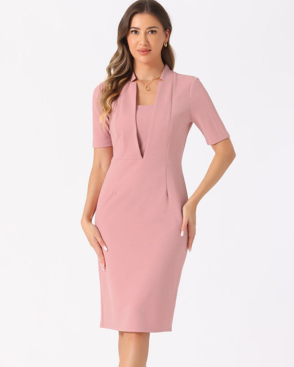 Women's Bodycon Dress with Square Neckline and Deep V-Panel Front and Short Sleeves and Below-Knee Hemline