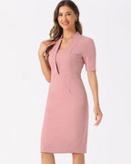 Women's Bodycon Dress with Square Neckline and Deep V-Panel Front and Short Sleeves and Below-Knee Hemline
