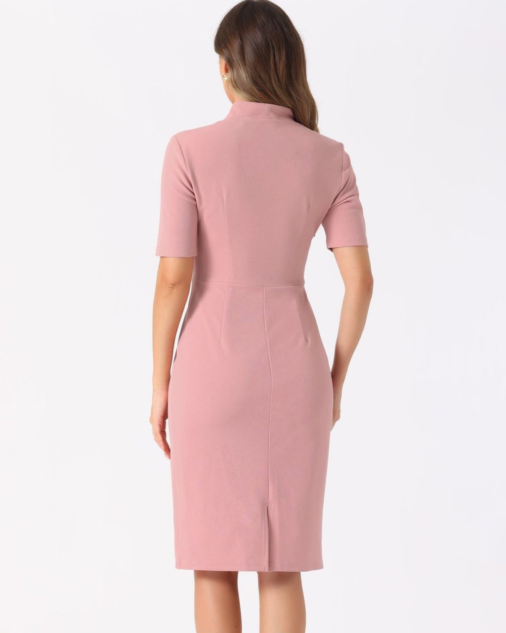 Women's Bodycon Dress with Square Neckline and Deep V-Panel Front and Short Sleeves and Below-Knee Hemline