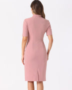 Women's Bodycon Dress with Square Neckline and Deep V-Panel Front and Short Sleeves and Below-Knee Hemline