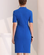 Women's Bodycon Dress with Square Neckline and Deep V-Panel Front and Short Sleeves and Below-Knee Hemline