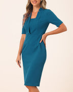 Women's Bodycon Dress with Square Neckline and Deep V-Panel Front and Short Sleeves and Below-Knee Hemline