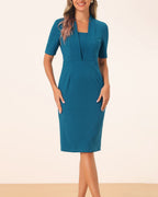 Women's Bodycon Dress with Square Neckline and Deep V-Panel Front and Short Sleeves and Below-Knee Hemline