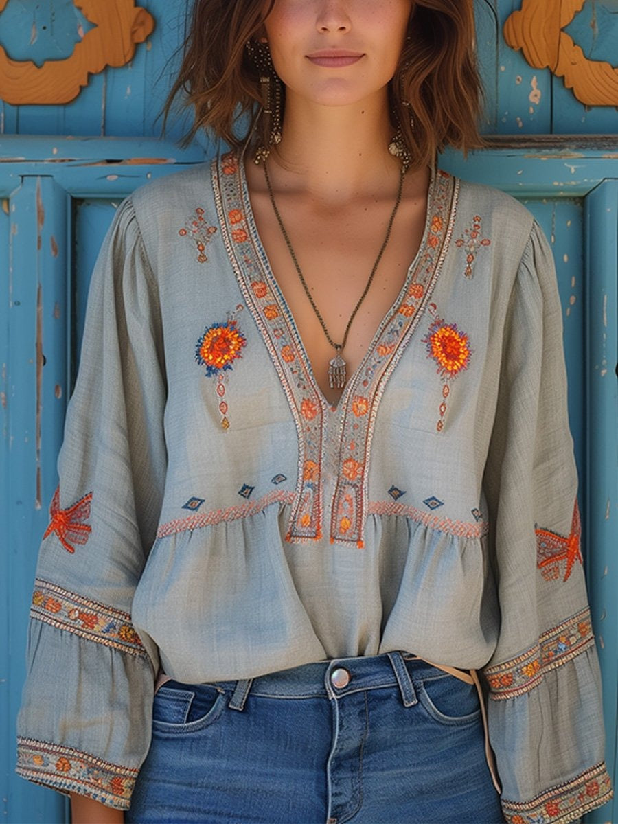 Women's Boho Embroidered Blouse with V-Neck and Bell Sleeves