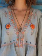 Women's Boho Embroidered Blouse with V-Neck and Bell Sleeves