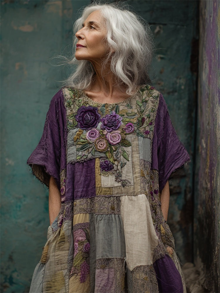 Women's Boho Floral Embroidered Dress with Patchwork Panels
