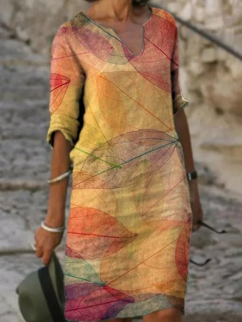 Women's Boho Holiday V-Neck Dress with Large-Scale Leaf Print