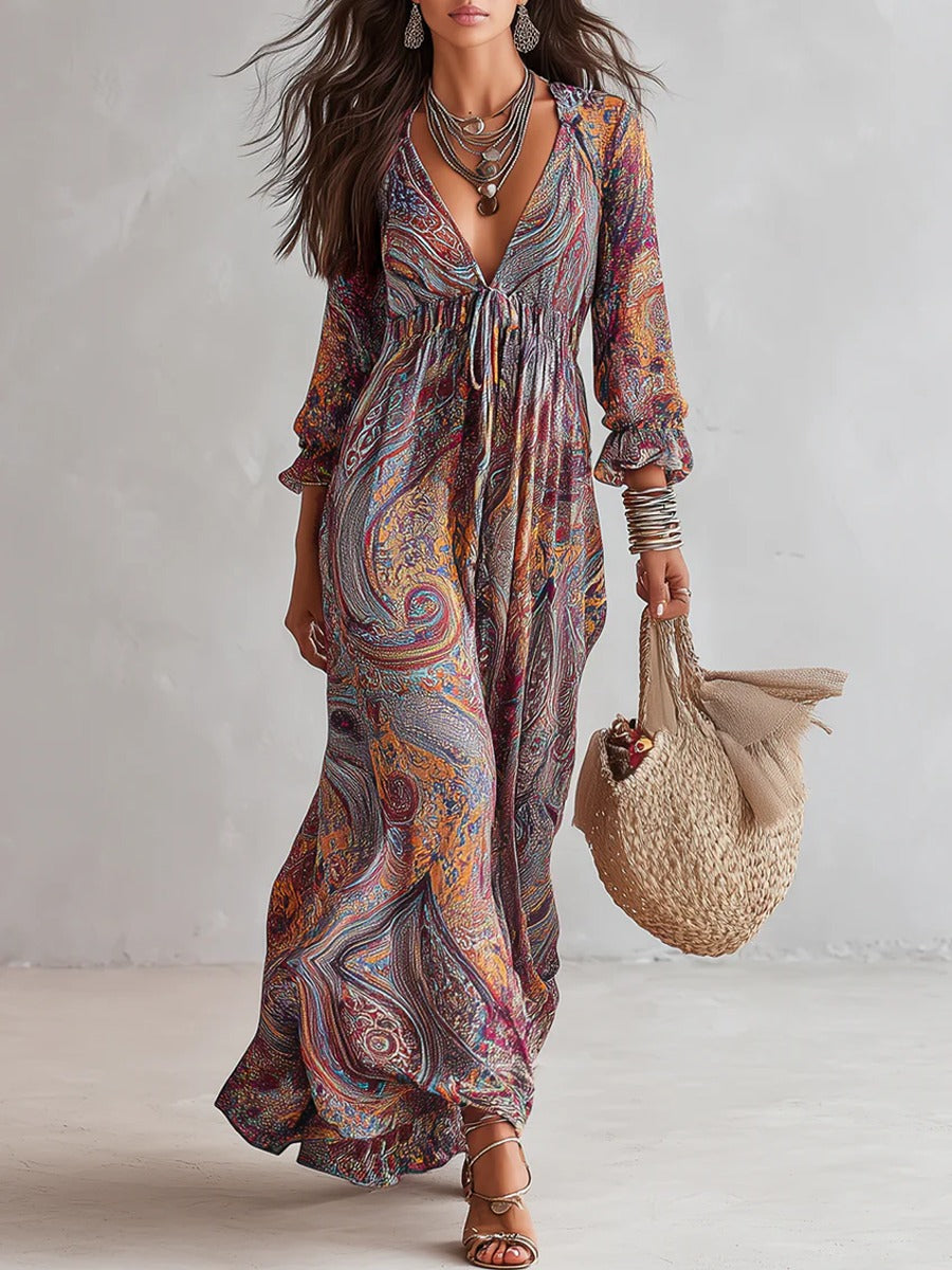 Women's Boho Long Sleeve Maxi Dress with V-Neck and Tie Front