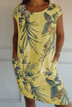 Women's Botanical Print Shift Dress with Round Neckline and Side Pockets