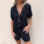 Women's Button-Down Shirt and Shorts Two-Piece Set with Point Collar and Rolled Sleeve Detail