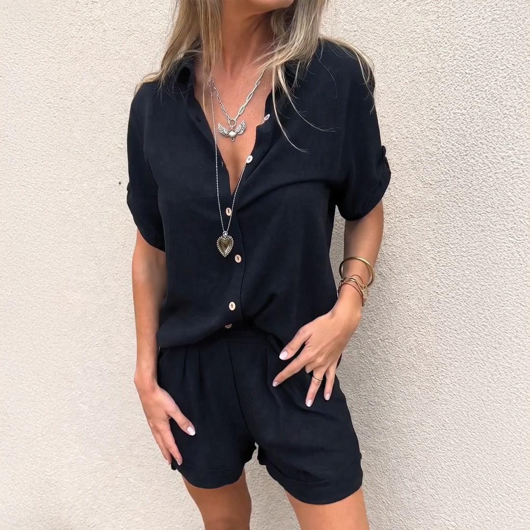 Women's Button-Down Shirt and Shorts Two-Piece Set with Point Collar and Rolled Sleeve Detail