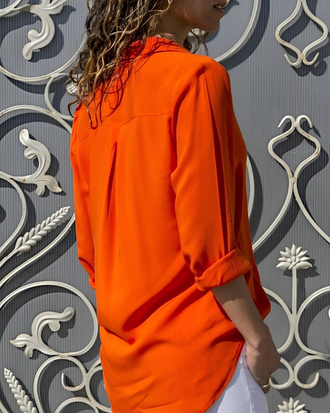 Women's Button-Down Shirt with Point Collar and Rolled Cuff Long Sleeves