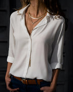 Women's Button-Down Shirt with Point Collar and Rolled Cuff Long Sleeves