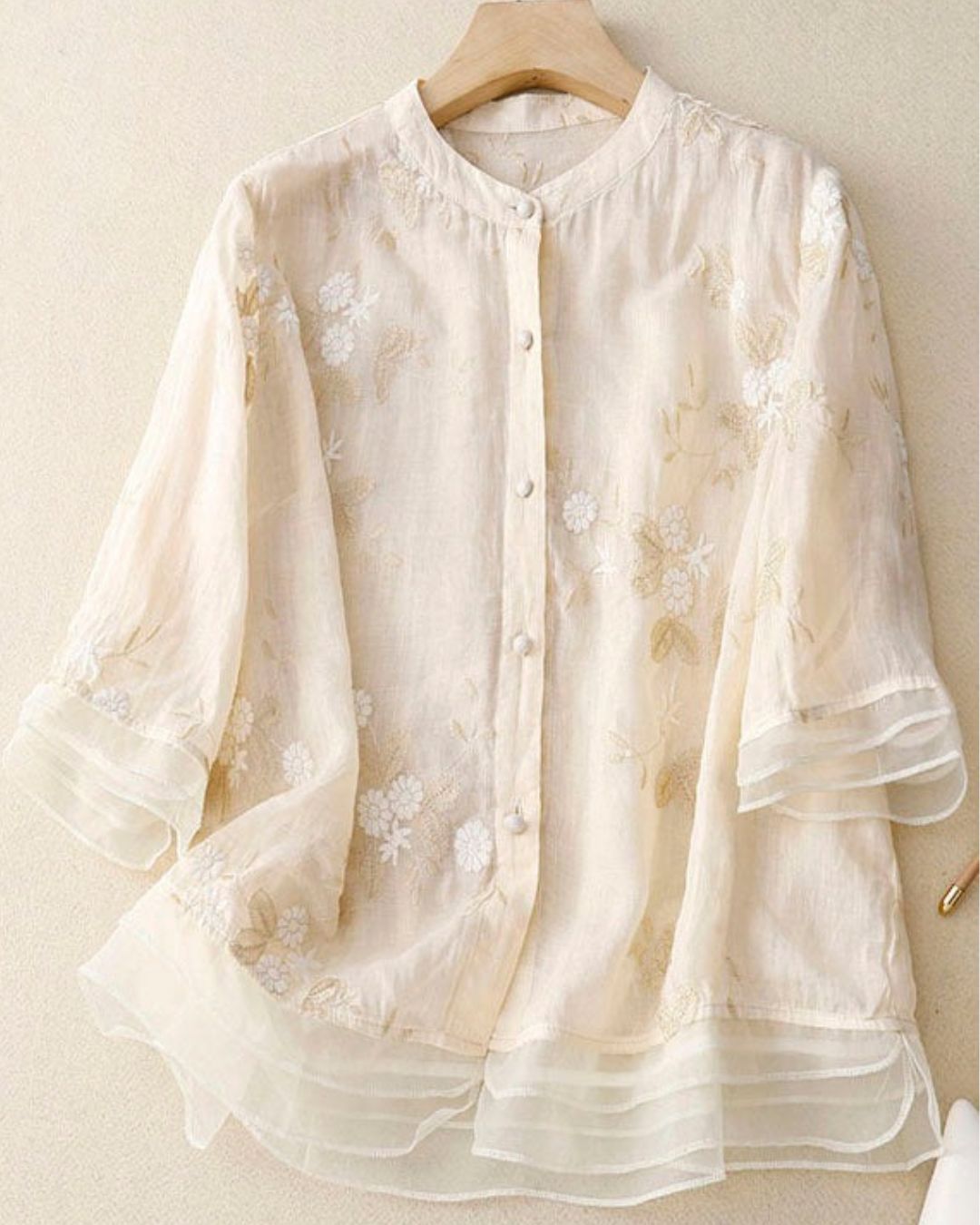 Women's Button-Front Blouse with Floral Embroidery and Layered Sheer Hem