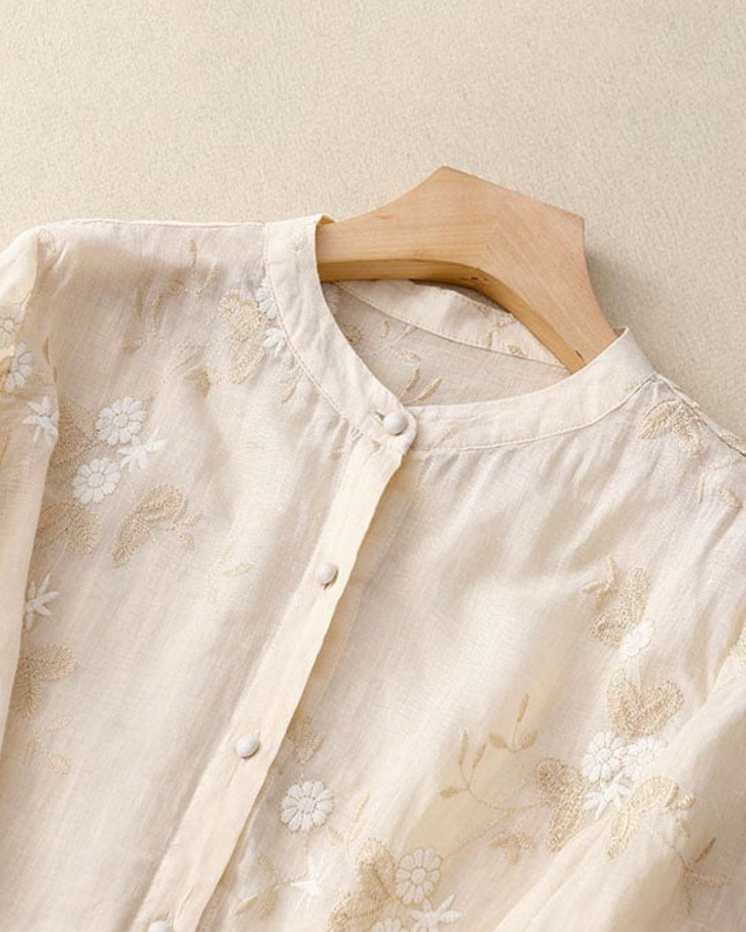 Women's Button-Front Blouse with Floral Embroidery and Layered Sheer Hem