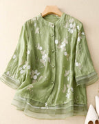 Women's Button-Front Blouse with Floral Embroidery and Layered Sheer Hem