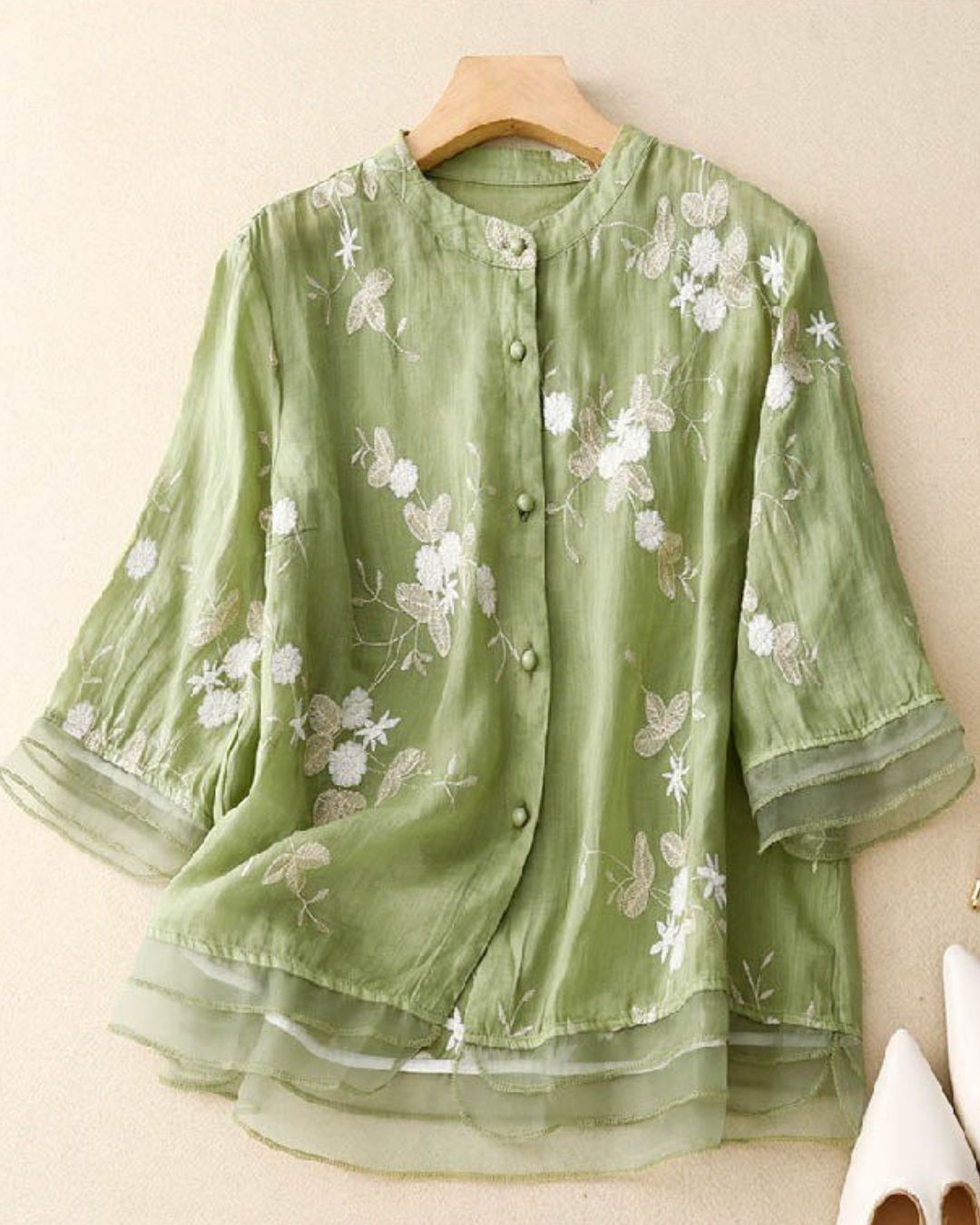 Women's Button-Front Blouse with Floral Embroidery and Layered Sheer Hem