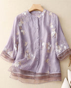 Women's Button-Front Blouse with Floral Embroidery and Layered Sheer Hem