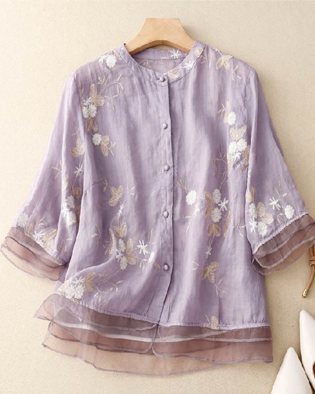 Women's Button-Front Blouse with Floral Embroidery and Layered Sheer Hem