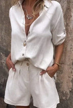 Women's Button-Up Shirt and Shorts Two-Piece Set with Point Collar and Rolled Sleeves
