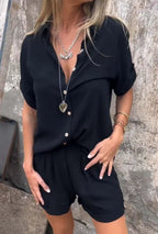 Women's Button-Up Shirt and Shorts Two-Piece Set with Point Collar and Rolled Sleeves
