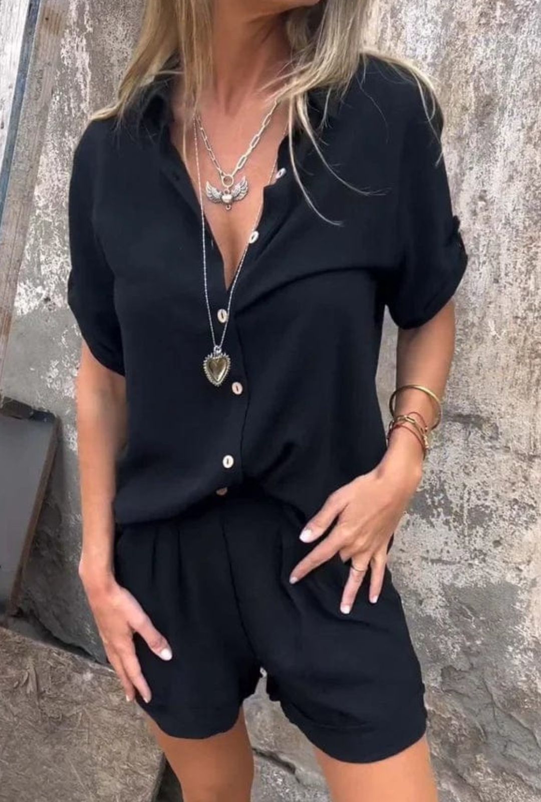 Women's Button-Up Shirt and Shorts Two-Piece Set with Point Collar and Rolled Sleeves
