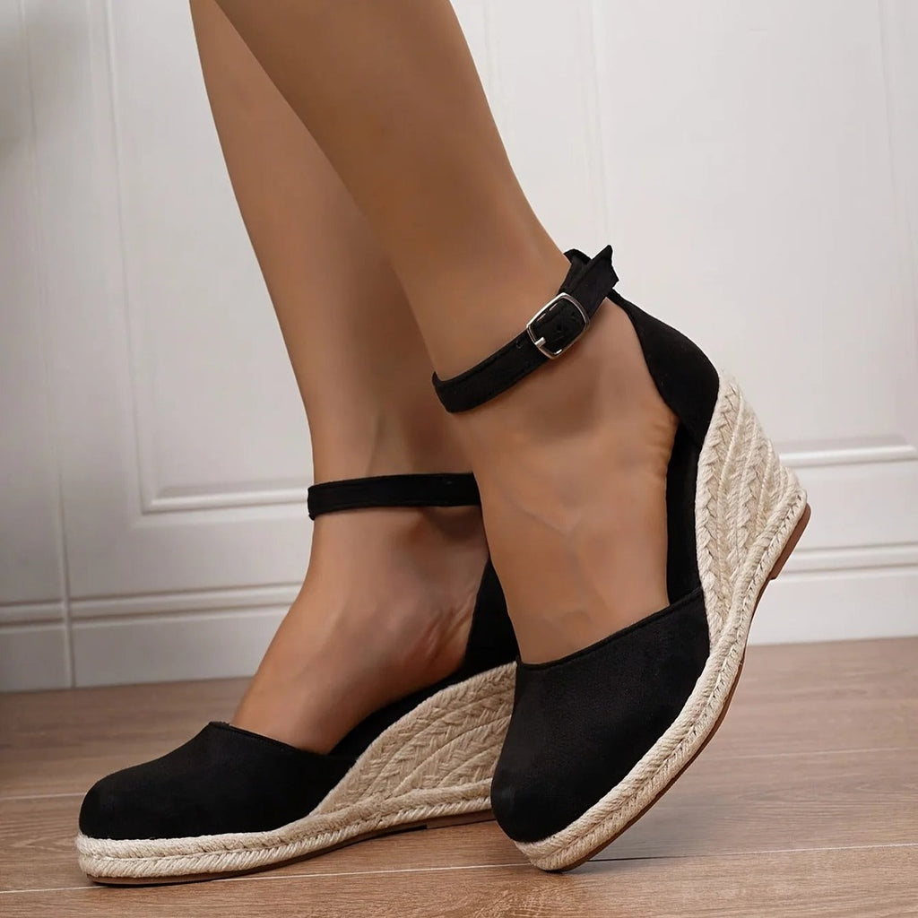 Women's Closed Toe Wedge Sandals with Ankle Strap Buckle and Braided Wedge Platform