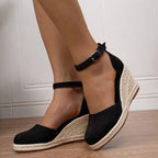 Women's Closed Toe Wedge Sandals with Ankle Strap Buckle and Braided Wedge Platform