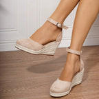 Women's Closed Toe Wedge Sandals with Ankle Strap Buckle and Braided Wedge Platform