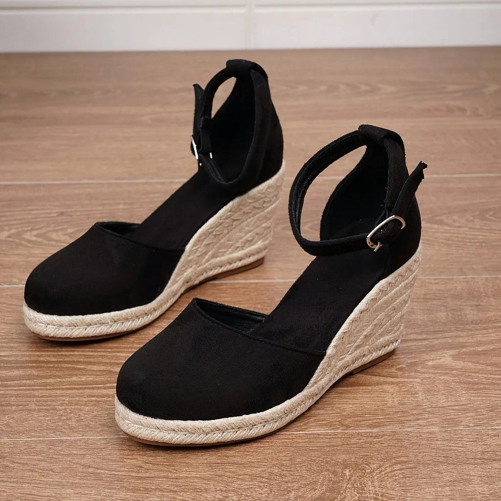 Women's Closed Toe Wedge Sandals with Ankle Strap Buckle and Braided Wedge Platform
