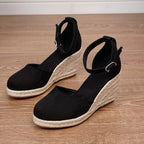 Women's Closed Toe Wedge Sandals with Ankle Strap Buckle and Braided Wedge Platform