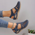 Women's Closed Toe Wedge Sandals with Cut Out Upper and Hook and Loop Ankle Strap